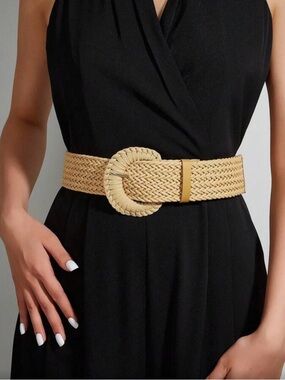 Beige Braided Round Buckle Women’s Waist Belt
